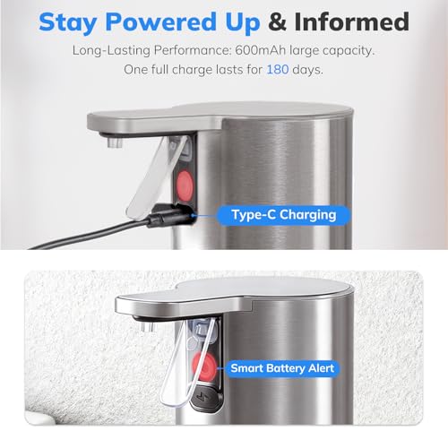 Umimile Electric Dish Soap Dispenser for Kitchen and Bathroom, 2 Mode Liquid Hand Soap Dispenser, 11.8oz Rechargeable with Type-C, IPX7 Waterproof (304 Stainless Steel) - Image 5