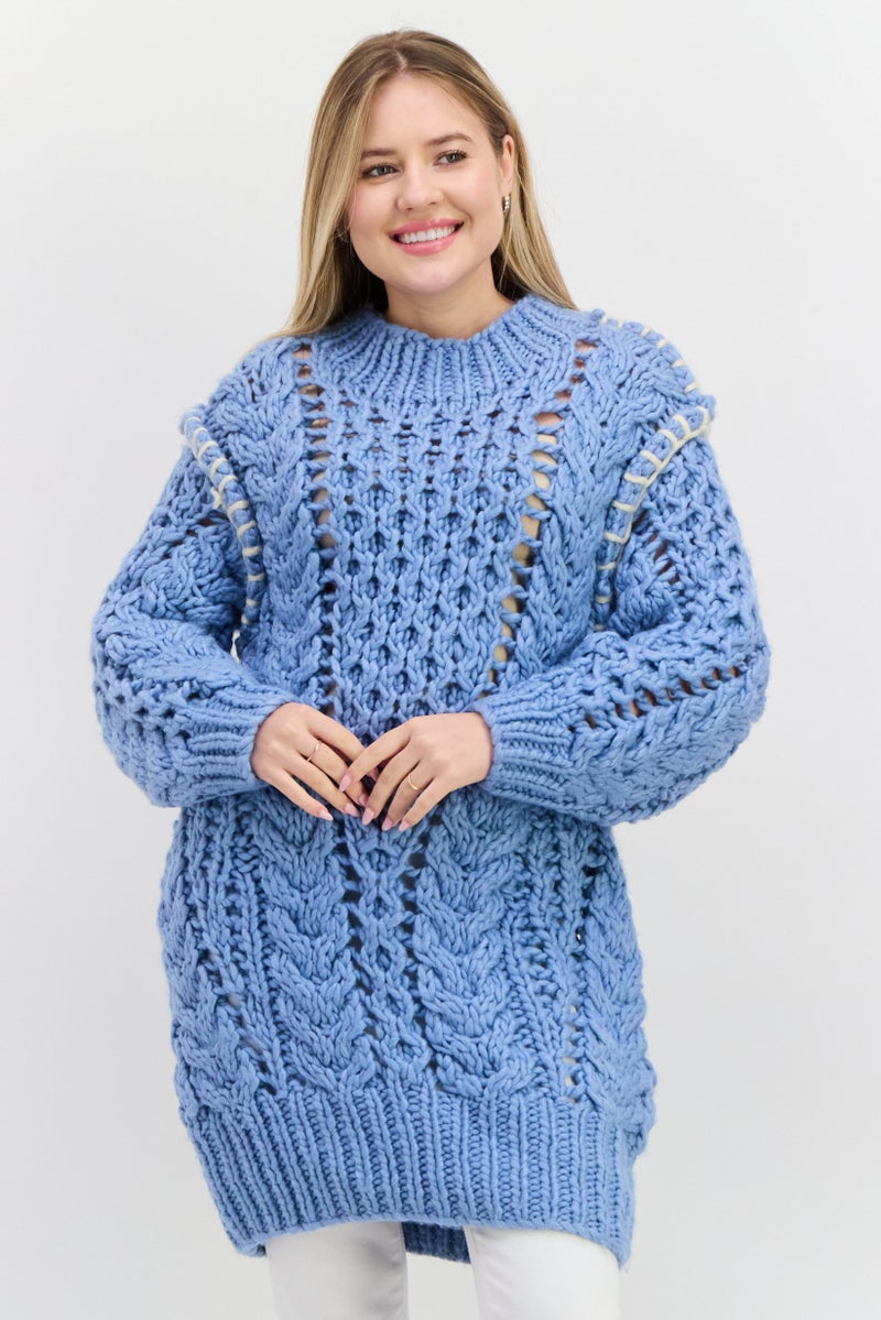 Reserved Women Crew Neck Textured Sweater, Blue - Image 1