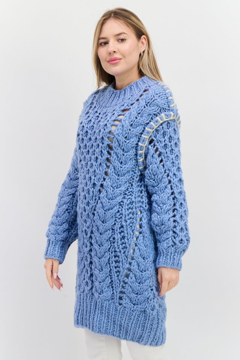 Reserved Women Crew Neck Textured Sweater, Blue - Image 2