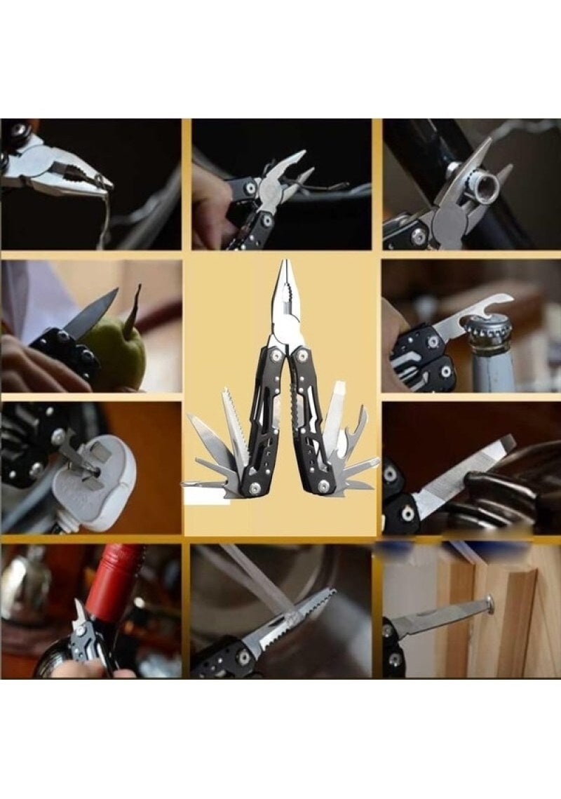 سكين أدوات متعدد الوظائف من الصلب المقاوم للصدأ قابل للطي 14 في 1 (يشمل مقصات أنفية ناصعة، ومقصات أنفية مستديرة، ومقصات فم مائل، ومفكات براغي، وسكين لقشرة السمك، ومفتاحات زجاجات إلخ، بلون أسود، للخارج والترفيه في المخيم والمنزل) - Image 2