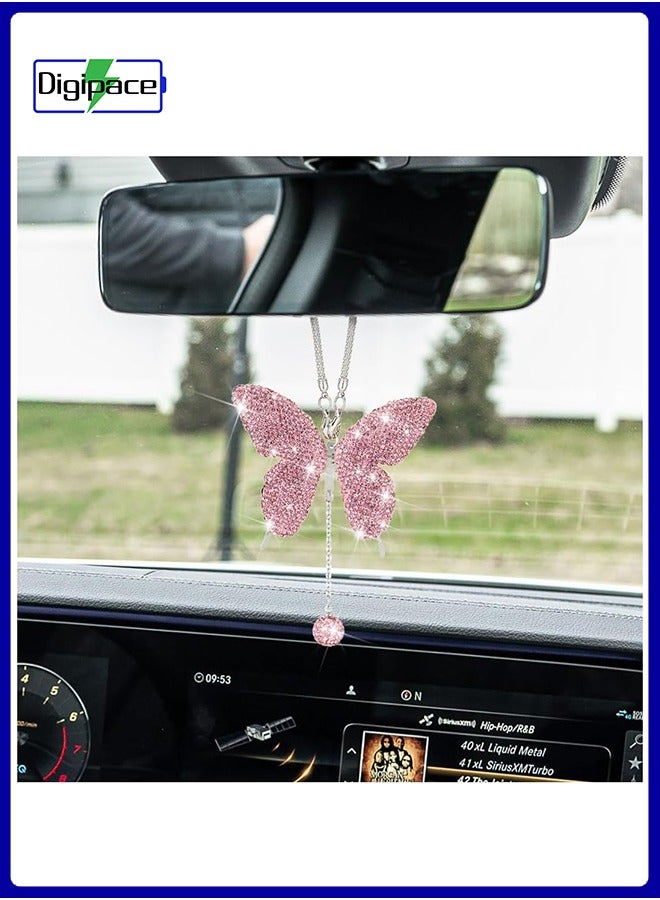 Digipace Elegant Butterfly Shape Car Interior Mirror Ornaments, Diamond Rearview Mirror Accessories, Hanging Decor for Cars (Pink) - Image 2