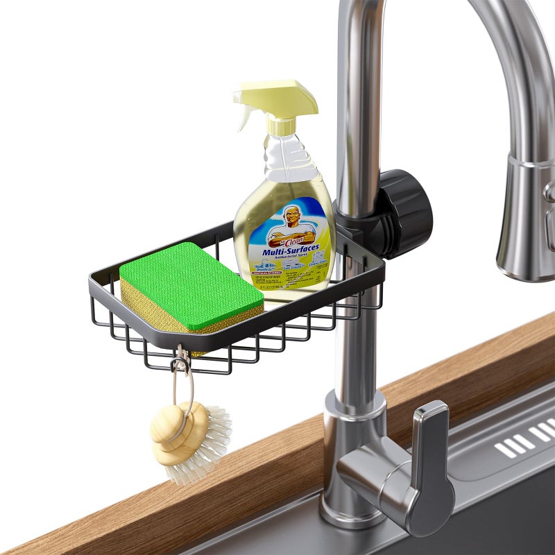 LONIN Sponge Holder Over Faucet Kitchen Sink Caddy Organizer Stainless Steel Detachable Hanging Faucet Drain Rack for Bathroom Scrubbers Soap Black