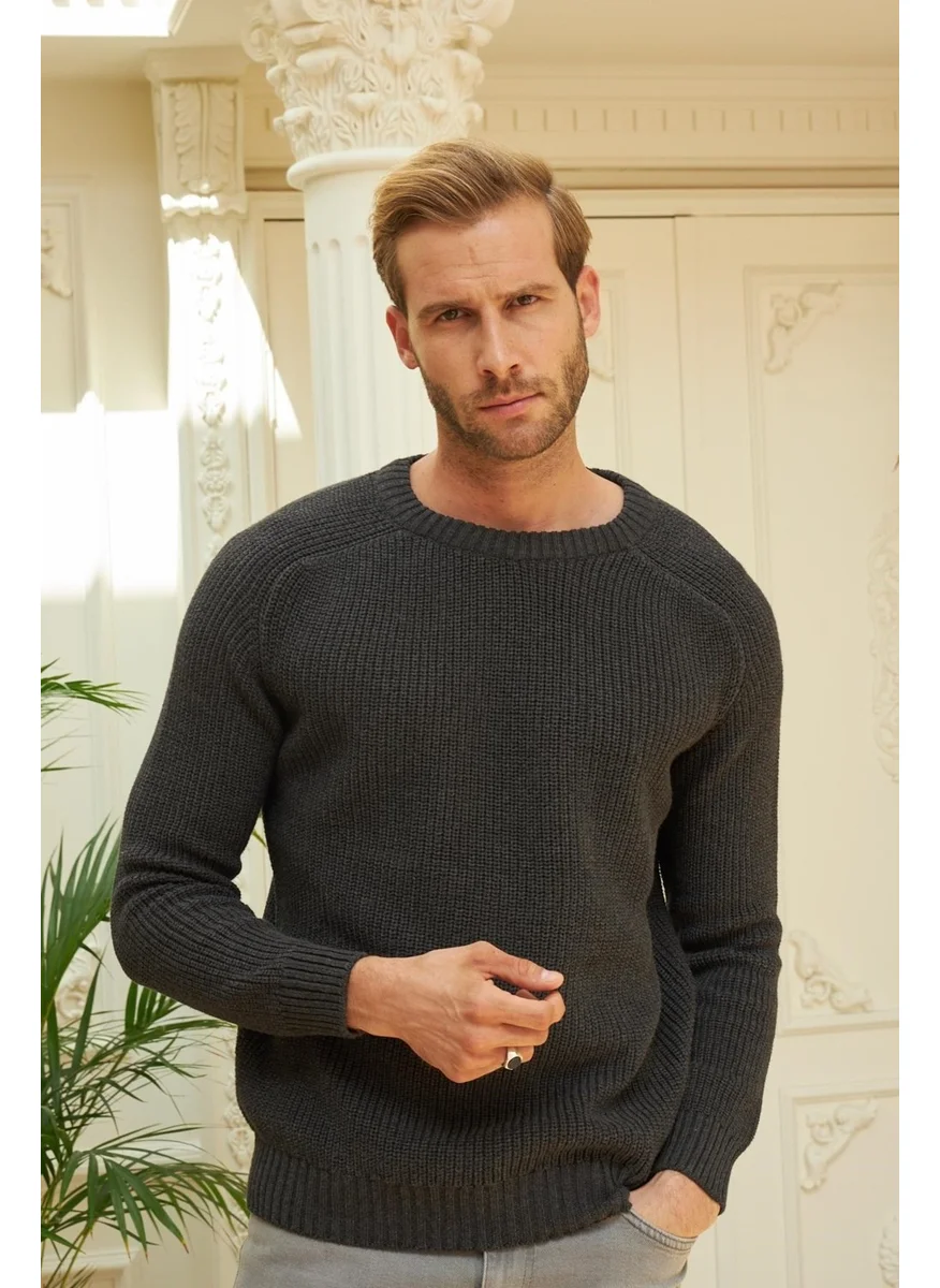 Odelon Crew Neck Selanik Knitted Cotton Men's Anthracite Knitwear Sweater