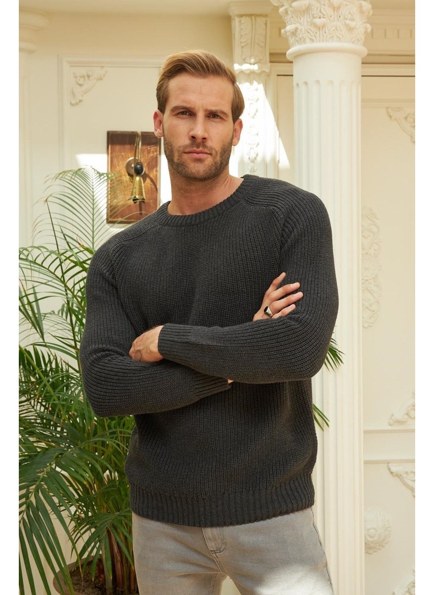Odelon Crew Neck Selanik Knitted Cotton Men's Anthracite Knitwear Sweater  - Image 5