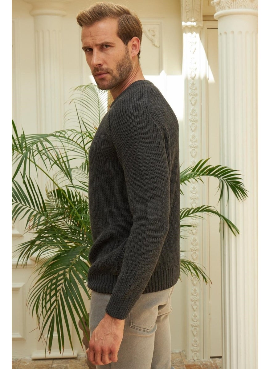 Odelon Crew Neck Selanik Knitted Cotton Men's Anthracite Knitwear Sweater  - Image 4