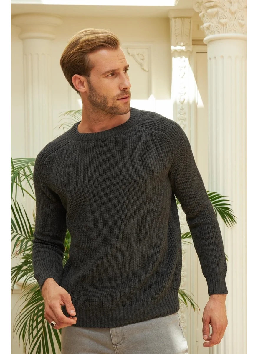 Odelon Crew Neck Selanik Knitted Cotton Men's Anthracite Knitwear Sweater