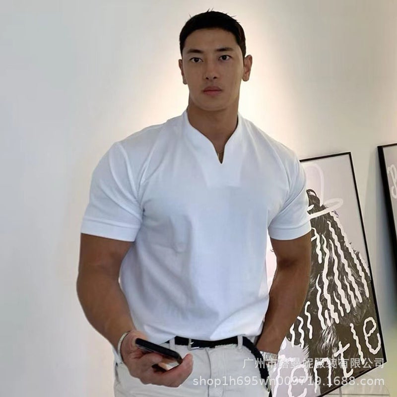 2022 foreign trade muscle fitness plus size sports T-shirt men's fashion Korean version trend loose V-neck short-sleeved summer Pink M - Image 1