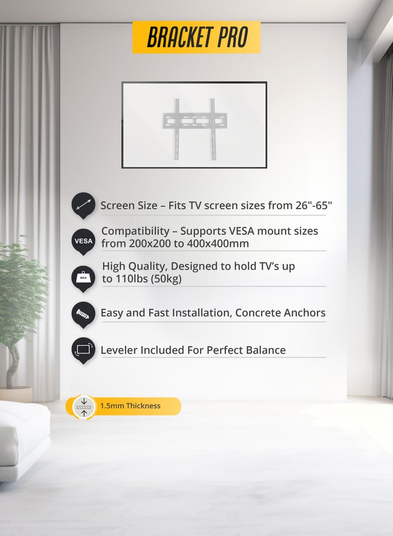 BRACKET PRO حامل تثبيت ثابت من Bracket Pro مقاس 26 بوصة - 65 بوصة يناسب VESA مقاس 200 × 200 مم إلى 400 × 400 مم، وسمك 1.5 مم - حامل حائط آمن وقابل للتعديل للتلفزيون BPF2665 أسود - Image 2