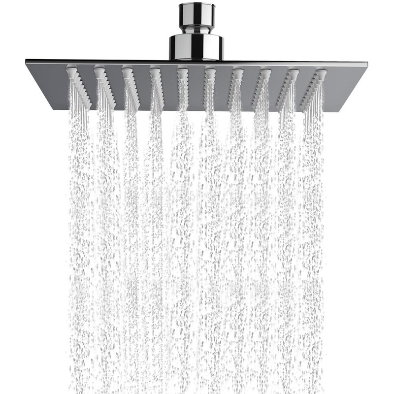 BIUT 8x8” Square Overhead Shower SS-304 Grade Ultra Slim Stainless Steel Polished Mirror Finish High Pressure Showerhead with Brass Swivel & Silicone Nozzle Without Arm Rain Showers for Bathroom (1Pc) - Image 1