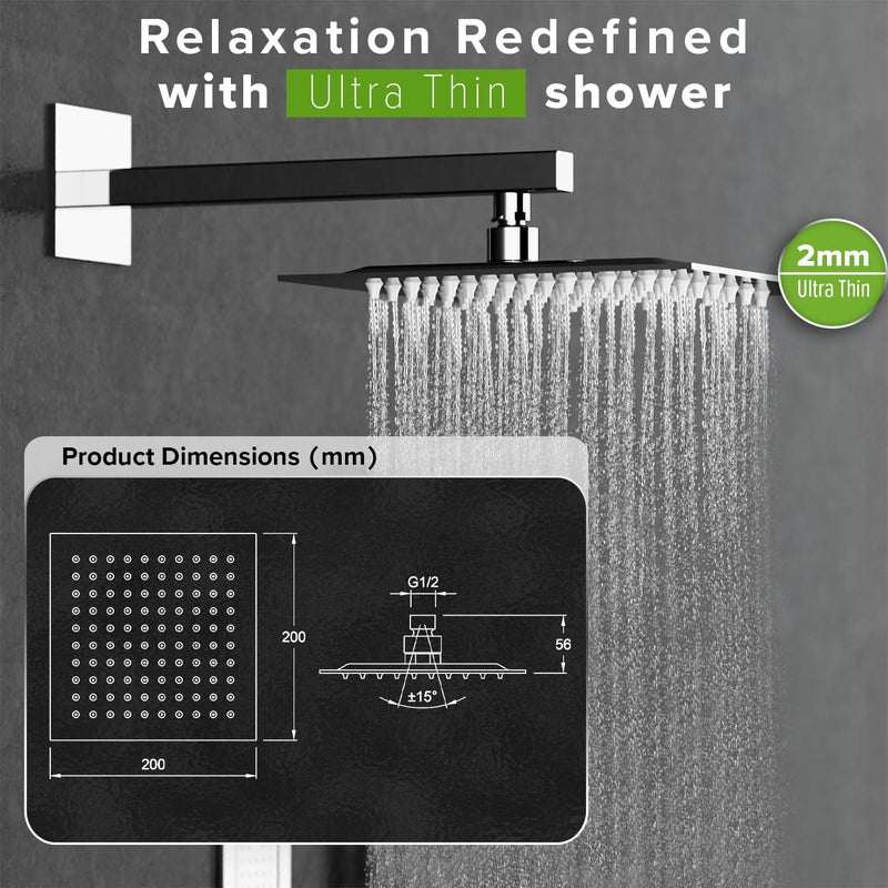 BIUT 8x8” Square Overhead Shower SS-304 Grade Ultra Slim Stainless Steel Polished Mirror Finish High Pressure Showerhead with Brass Swivel & Silicone Nozzle Without Arm Rain Showers for Bathroom (1Pc) - Image 2