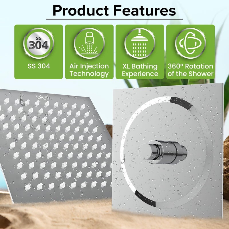 BIUT 8x8” Square Overhead Shower SS-304 Grade Ultra Slim Stainless Steel Polished Mirror Finish High Pressure Showerhead with Brass Swivel & Silicone Nozzle Without Arm Rain Showers for Bathroom (1Pc) - Image 3