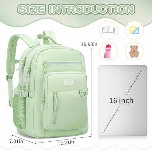 PRAGARI Kids Backpack for School Cute Aesthetic Green Backpack Girls Student Bookbag Women Travel Lightweight Book Bag - Image 2