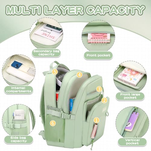 PRAGARI Kids Backpack for School Cute Aesthetic Green Backpack Girls Student Bookbag Women Travel Lightweight Book Bag - Image 3