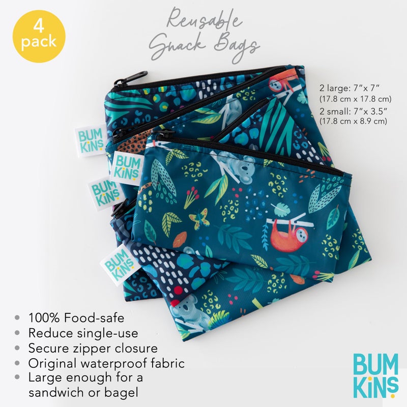 Bumkins Reusable Sandwich and Snack Bags, for Kids School Lunch and for Adults Portion, Washable Fabric, Waterproof Cloth Zip Bag, Travel Pouch, Food-Safe Storage, Large and Small 4-pack Set, Jungle - Image 5
