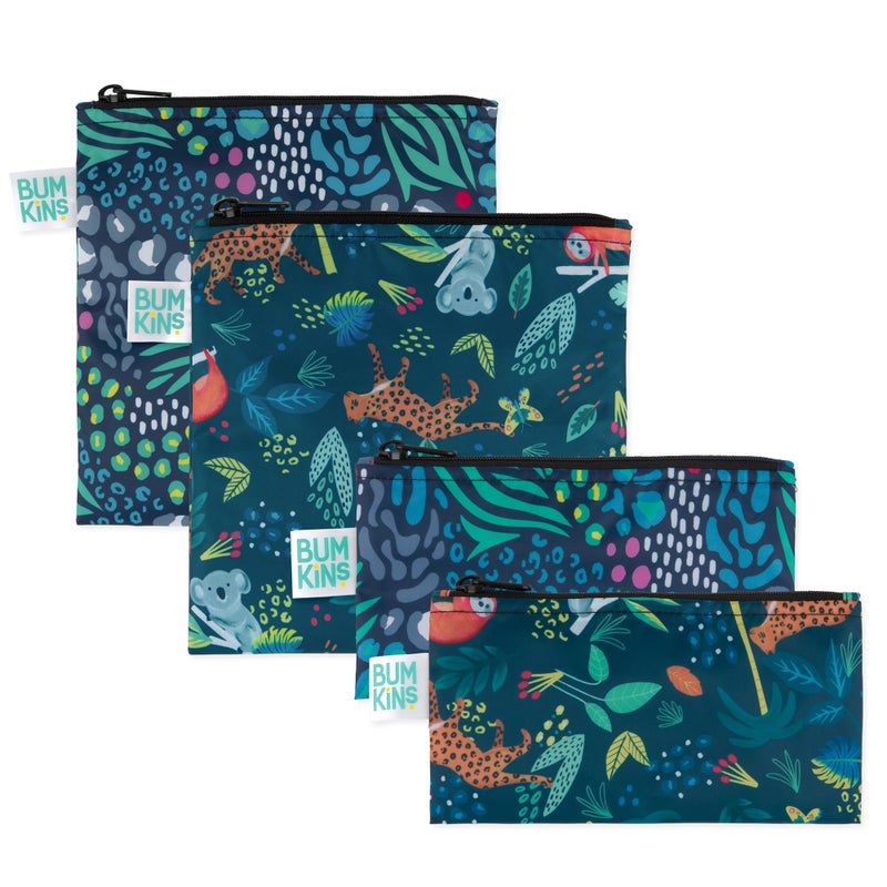 Bumkins Reusable Sandwich and Snack Bags, for Kids School Lunch and for Adults Portion, Washable Fabric, Waterproof Cloth Zip Bag, Travel Pouch, Food-Safe Storage, Large and Small 4-pack Set, Jungle - Image 1
