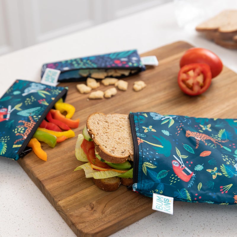 Bumkins Reusable Sandwich and Snack Bags, for Kids School Lunch and for Adults Portion, Washable Fabric, Waterproof Cloth Zip Bag, Travel Pouch, Food-Safe Storage, Large and Small 4-pack Set, Jungle - Image 2