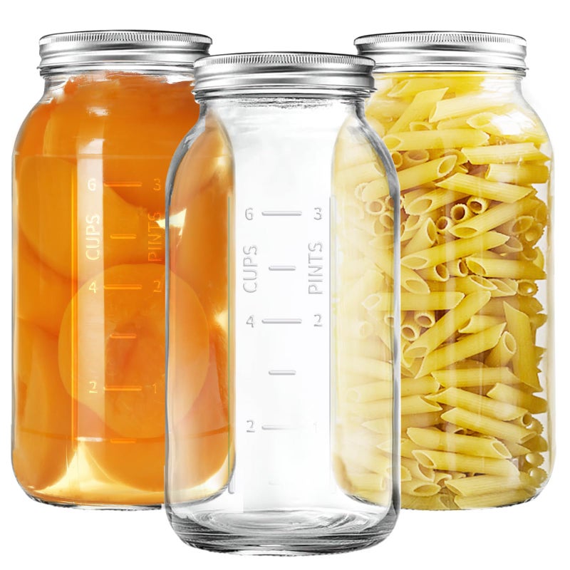 Xylanor 64 OZ Wide Mouth Mason Jars with Lids Heavy Duty Glass Airtight Storage Canning Jar and Band Half Gallon  2 Quart Set of 3