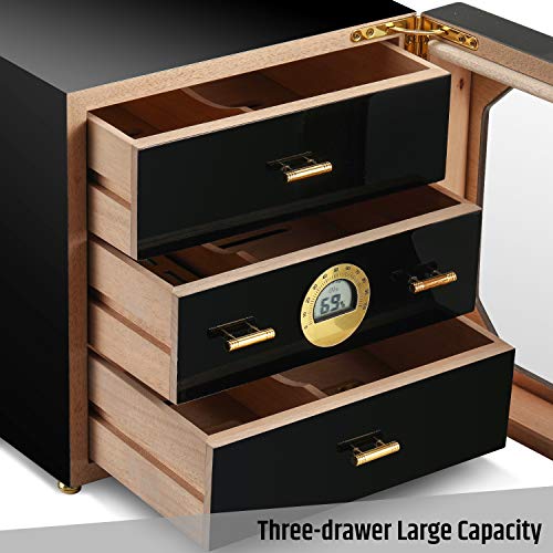 Woodronic Cigar Humidor Cabinet for 100 Counts with Digital Hygrometer, Crystal Gel Humidifiers, Spanish Cedar Lined Trays & Dividers, Polished Piano Black, Desktop Cigar Box Gift for Men - Image 2