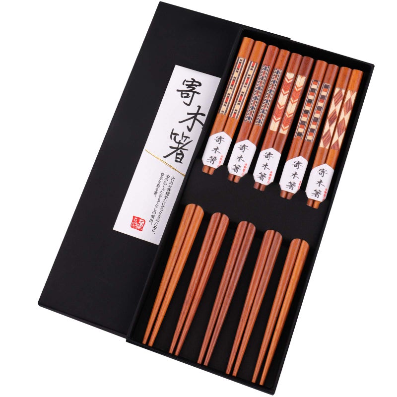 GLAMFIELDS Reusable Chopsticks Japanese Natural Wooden 5 Pairs Classic Style Lightweight Safe Chop Sticks 8.8 Inch/22.5cm Gift Set - Image 1