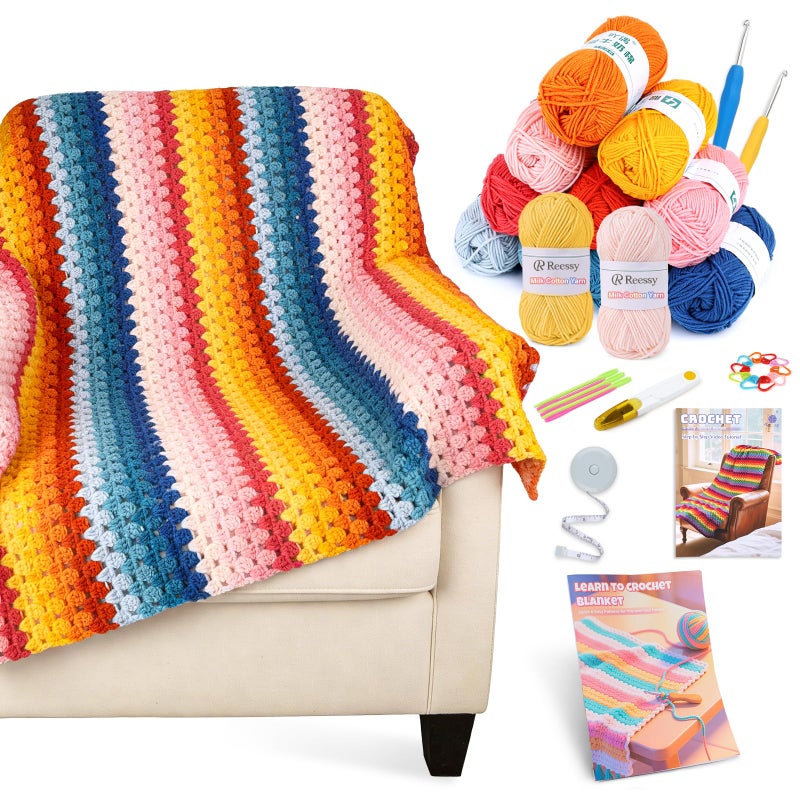 Reessy Crochet Blanket Kit for Beginners Adults â€“ 12-Color Granny Stripe Crochet Kit with Milk Cotton Yarn, Hooks & Instructions â€“ Beginner Crochet Blanket Kit for Travel, Car Throw & Home DÃ©cor - Image 1