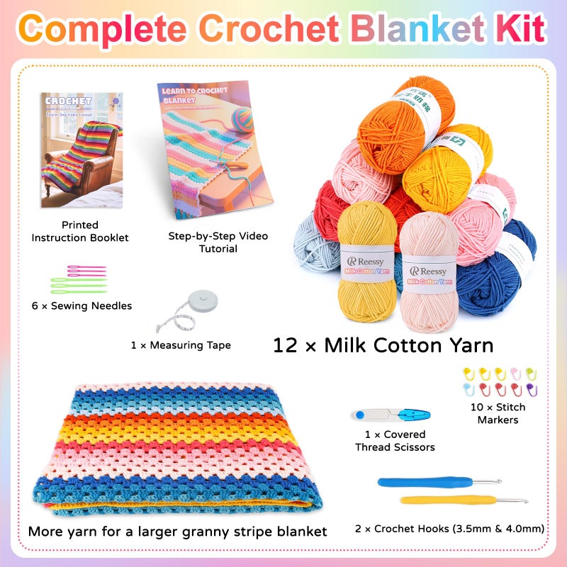 Reessy Crochet Blanket Kit for Beginners Adults â€“ 12-Color Granny Stripe Crochet Kit with Milk Cotton Yarn, Hooks & Instructions â€“ Beginner Crochet Blanket Kit for Travel, Car Throw & Home DÃ©cor - Image 2