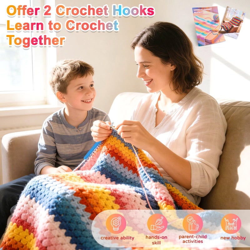 Reessy Crochet Blanket Kit for Beginners Adults â€“ 12-Color Granny Stripe Crochet Kit with Milk Cotton Yarn, Hooks & Instructions â€“ Beginner Crochet Blanket Kit for Travel, Car Throw & Home DÃ©cor - Image 5