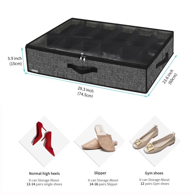 Onlyeasy Sturdy Under Bed Shoe Storage Organizer, Set of 2, Fit 12 to 24 Pairs, Underbed Shoes Closet Storage Solution with Clear Window, Breathable, L29.3"x W23.6"x H5.9", Linen-like Black, MXAUBSB2P - Image 2