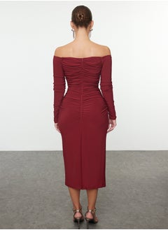 trendyol Claret Red Body-Smoothing Carmen Collar Knitted Dress TPRAW25EL00073  - Image 5
