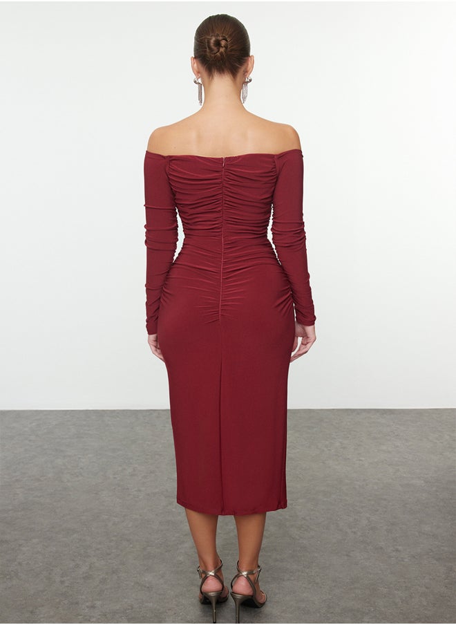 trendyol Claret Red Body-Smoothing Carmen Collar Knitted Dress TPRAW25EL00073  - Image 5