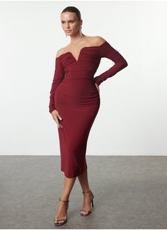 trendyol Claret Red Body-Smoothing Carmen Collar Knitted Dress TPRAW25EL00073  - Image 2
