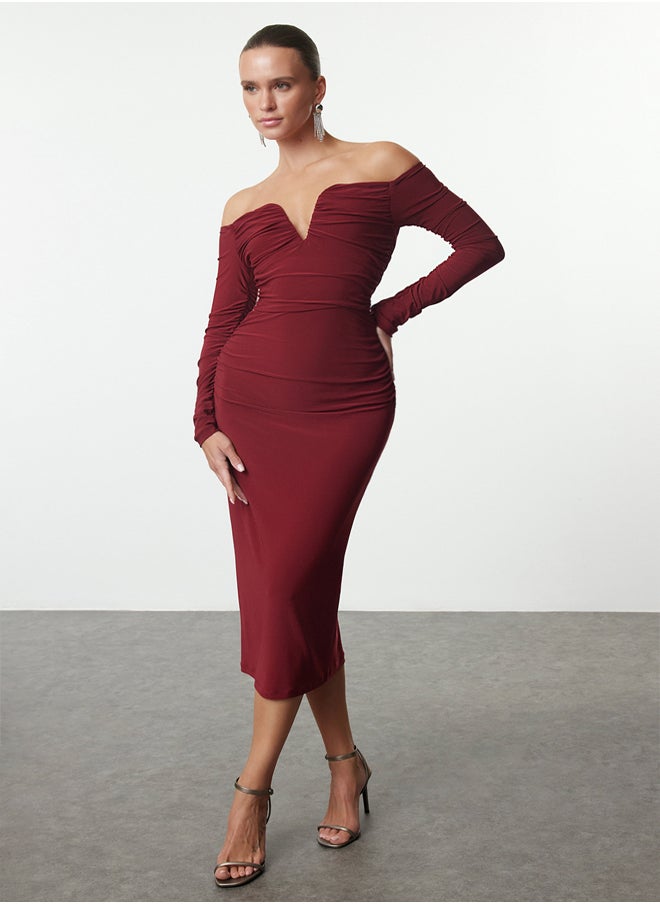 trendyol Claret Red Body-Smoothing Carmen Collar Knitted Dress TPRAW25EL00073  - Image 2