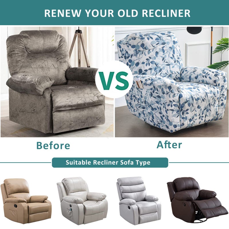 NILUOH Stretch Recliner Cover 4 Pieces Printed Lazy Boy Chair Covers Recliner Sofa Slipcover Anti-Slip Fitted Furniture Protector with Elastic Bottom, N1 - Image 5