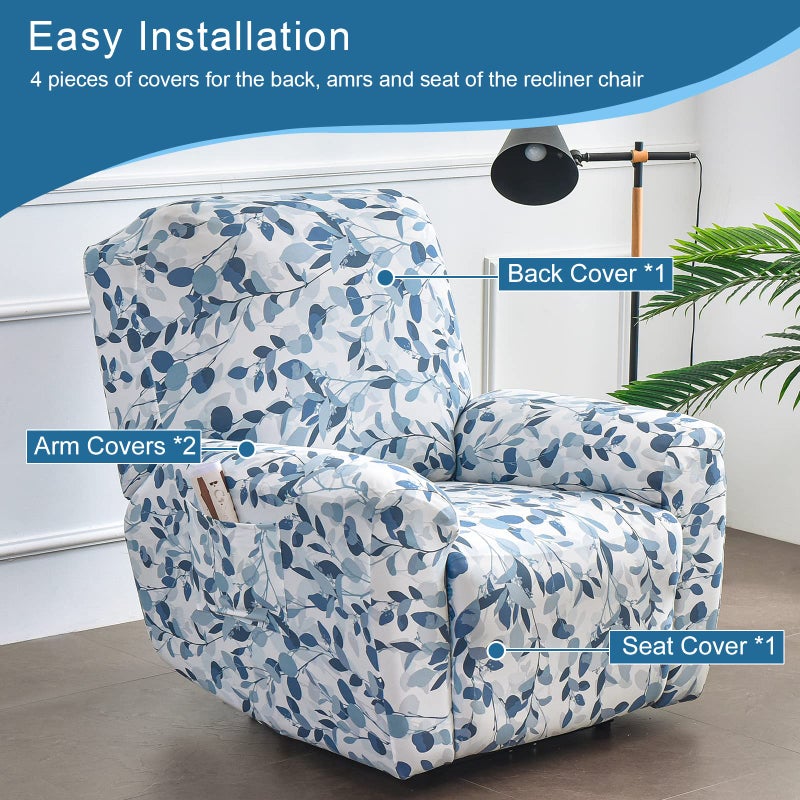 NILUOH Stretch Recliner Cover 4 Pieces Printed Lazy Boy Chair Covers Recliner Sofa Slipcover Anti-Slip Fitted Furniture Protector with Elastic Bottom, N1 - Image 4