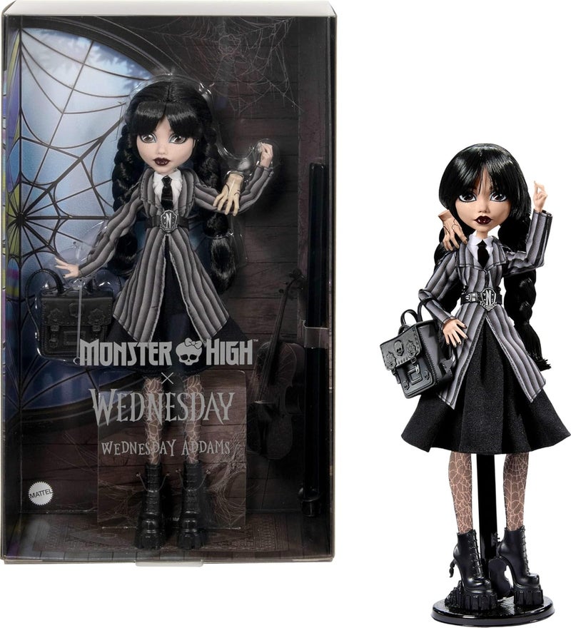 مونستر هاي دمية Monster High Wednesday وملحقاتها، شخصية Wednesday Addams القابلة للتحصيل بزي Nevermore Academy مع أيادي باردة وحقيبة ظهر، حامل الدمية HXJ04 - Image 1