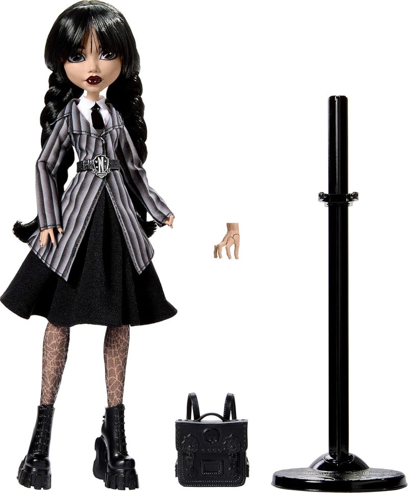 مونستر هاي دمية Monster High Wednesday وملحقاتها، شخصية Wednesday Addams القابلة للتحصيل بزي Nevermore Academy مع أيادي باردة وحقيبة ظهر، حامل الدمية HXJ04 - Image 5