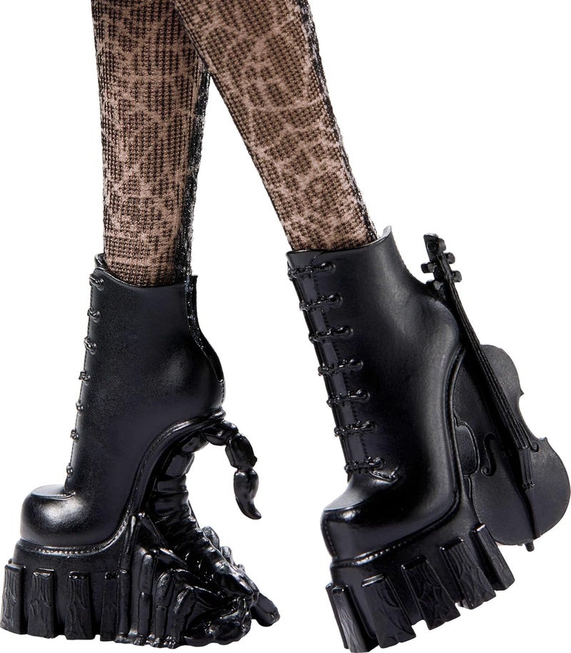 مونستر هاي دمية Monster High Wednesday وملحقاتها، شخصية Wednesday Addams القابلة للتحصيل بزي Nevermore Academy مع أيادي باردة وحقيبة ظهر، حامل الدمية HXJ04 - Image 4