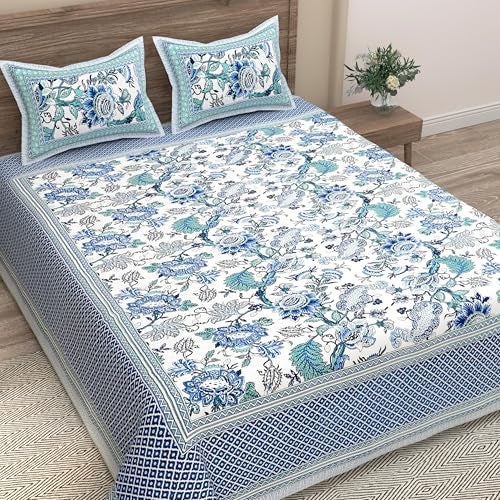 EasyGoods® Pure Cotton Ethnic Jaipuri Printed Double Bedsheet with 2 Pillow Covers | Soft & Breathable 240 TC Fabric | Traditional Rajasthani Design for Elegant Home Decor (Sky Blue) - Image 3