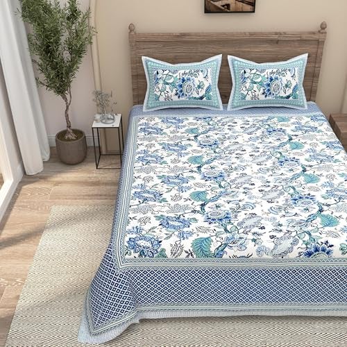 EasyGoods® Pure Cotton Ethnic Jaipuri Printed Double Bedsheet with 2 Pillow Covers | Soft & Breathable 240 TC Fabric | Traditional Rajasthani Design for Elegant Home Decor (Sky Blue) - Image 2