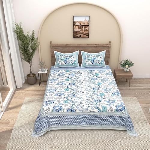 EasyGoods® Pure Cotton Ethnic Jaipuri Printed Double Bedsheet with 2 Pillow Covers | Soft & Breathable 240 TC Fabric | Traditional Rajasthani Design for Elegant Home Decor (Sky Blue) - Image 1