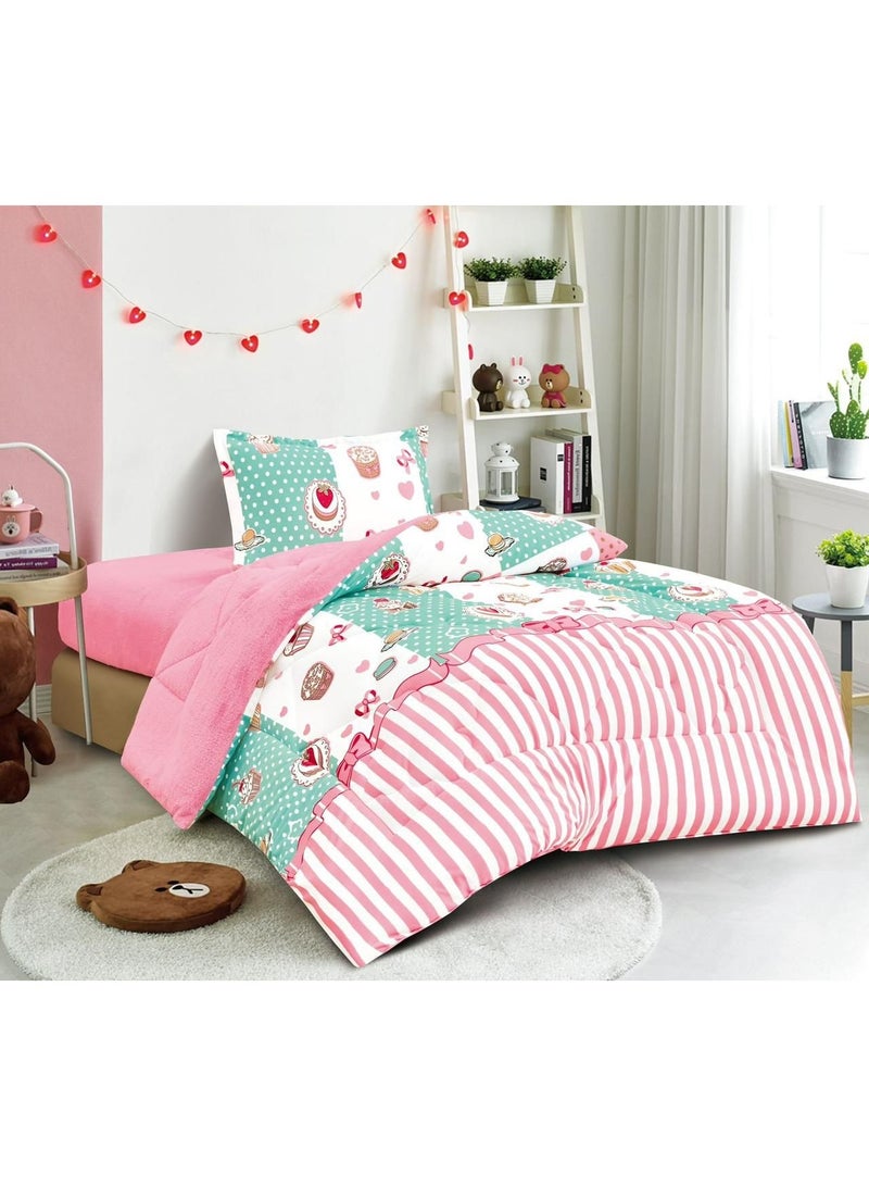 مينج لي طقم لحاف شتوي رسوم اطفال/رسم بطيخ وكرز/ من 3 قطع حشوه منفوش /فرو ناعم/Single Size