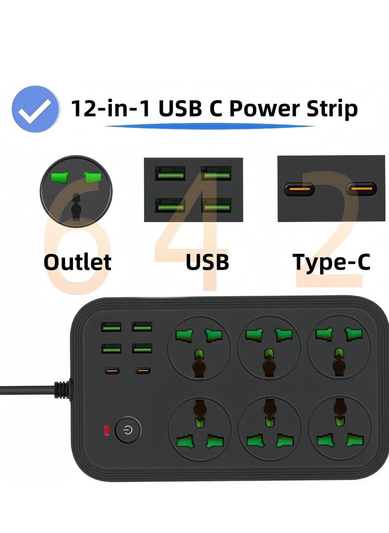 JAJEEK "12-in-1 Power Strip with USB-C, Universal Extension Cord with 6 Wide AC Outlets & 4 USB Ports, 110-240V, Max 3000W, Wall Mount International Plug Extender for Overseas Travel, Home & Office Use" - Image 3