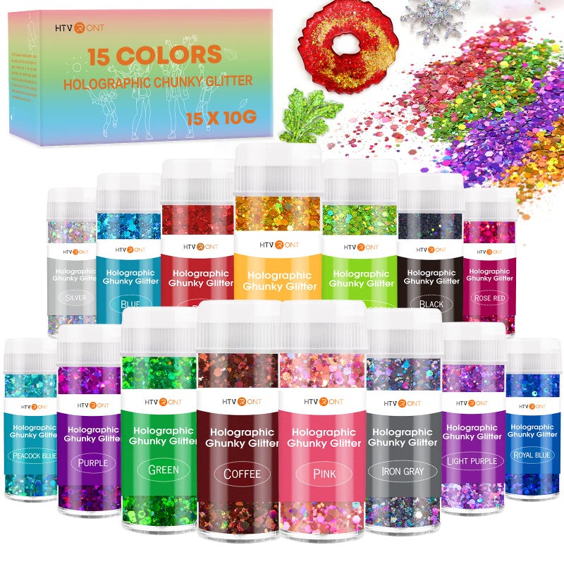 HTVRONT Holographic Chunky Glitter for Crafts - 15 Colors Holographic Glitter for Resin, Each 10g Craft Glitter for Nails, Face, Tumblers, Body, Hair, Painting, Epoxy, Art - Image 1