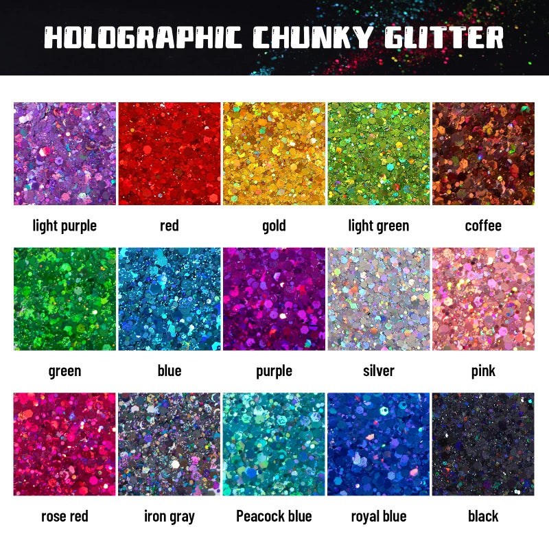 HTVRONT Holographic Chunky Glitter for Crafts - 15 Colors Holographic Glitter for Resin, Each 10g Craft Glitter for Nails, Face, Tumblers, Body, Hair, Painting, Epoxy, Art - Image 2