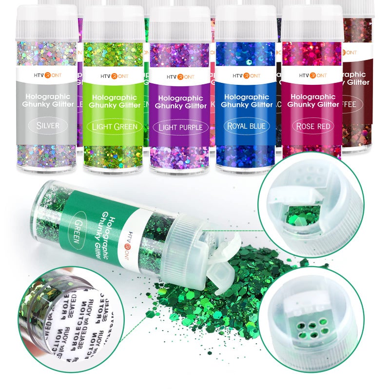 HTVRONT Holographic Chunky Glitter for Crafts - 15 Colors Holographic Glitter for Resin, Each 10g Craft Glitter for Nails, Face, Tumblers, Body, Hair, Painting, Epoxy, Art - Image 4