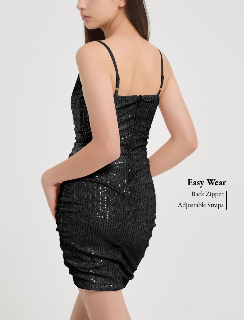 EXARUS Girls Sparkly Dress Sequin Homecoming School Dance Party Bodycon Special Occasion Spaghetti Strap Cowl Neck Mini Tight Dresses Black 10Y - Image 3