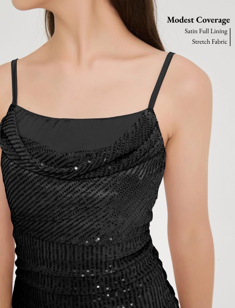 EXARUS Girls Sparkly Dress Sequin Homecoming School Dance Party Bodycon Special Occasion Spaghetti Strap Cowl Neck Mini Tight Dresses Black 10Y - Image 4