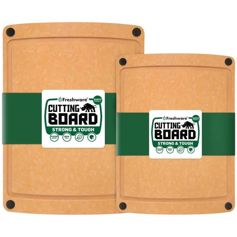 Freshware Wood Cutting Boards for Kitchen, Juice Groove, Non-Slip Silicone Feet, Dishwasher Safe, Medium 12" x 9" and Large, 15" x 11.25", Set of 2, Natural - Image 1