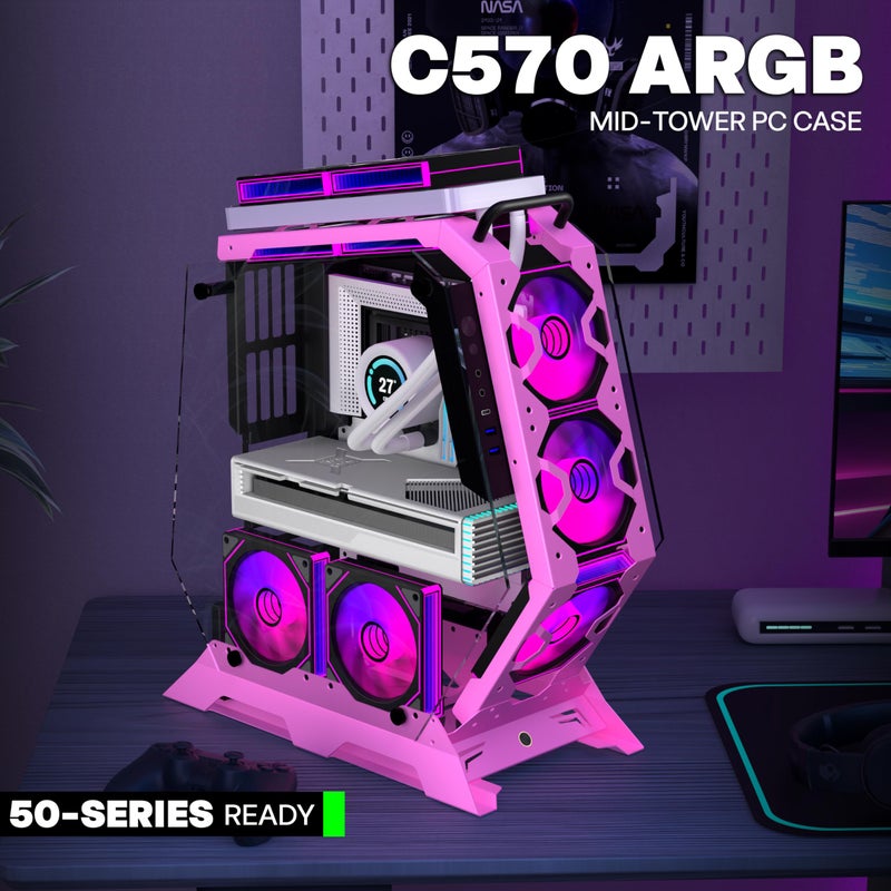 KEDIERS PC Case C570 ATX Mid Tower Tempered Glass Gaming Computer Open Frame Case with 5 PWM ARGB Fans (Pink) - Image 2