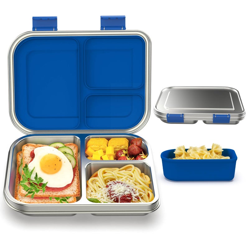 BABHAMNESS Stainless Steel Bento Box Kids 3 Compartments Leak Proof Metal Bento Lunch Box 304 Stainless Steel Bento Lunch Containers for School and OfficeDishwasher Safe BPAFreeBlue