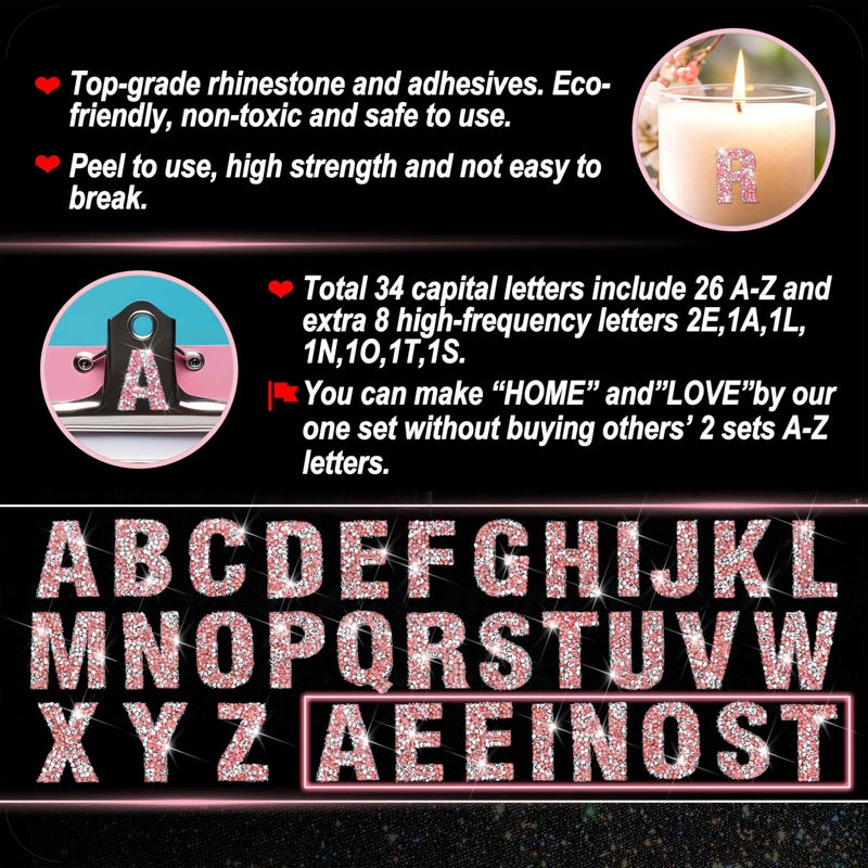 Locacrystal 34Pcs Bling Resin Rhinestone Alphabet Letter Stickers A-Z Letters DIY Car Decoration Sticker Self-Adhesive Iron-On Crystal Word Stickers for Arts Clothing Decoration(Silver Rose,1.57â€œ) - Image 3
